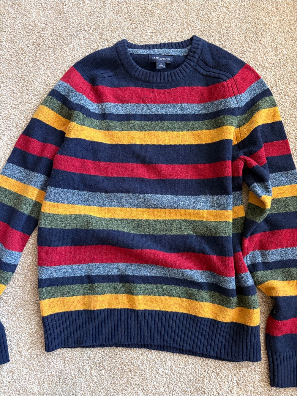Lands' End Navy Crewneck Sweater with Red, Yellow, Green & Gray Stripes